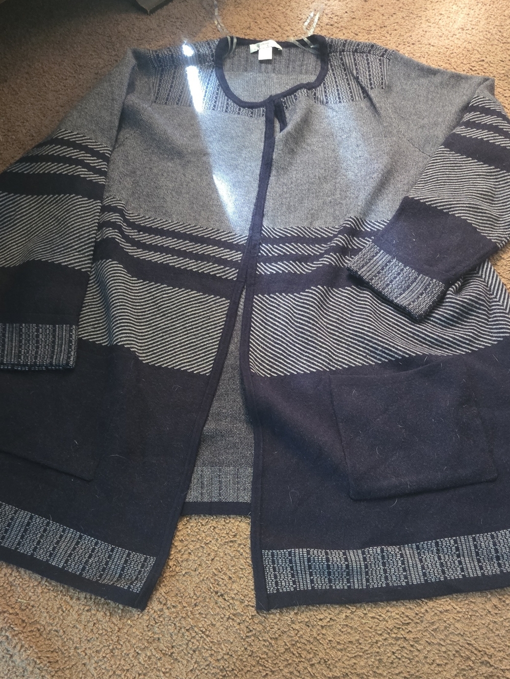 CJ. Banks Black White and Gray Open-Front Knit Cardigan Sweater Plus